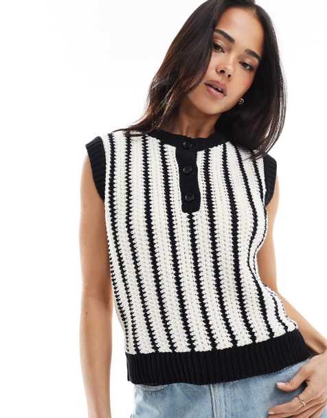ASOS DESIGN crochet look button through top in black and white stripe - view 1