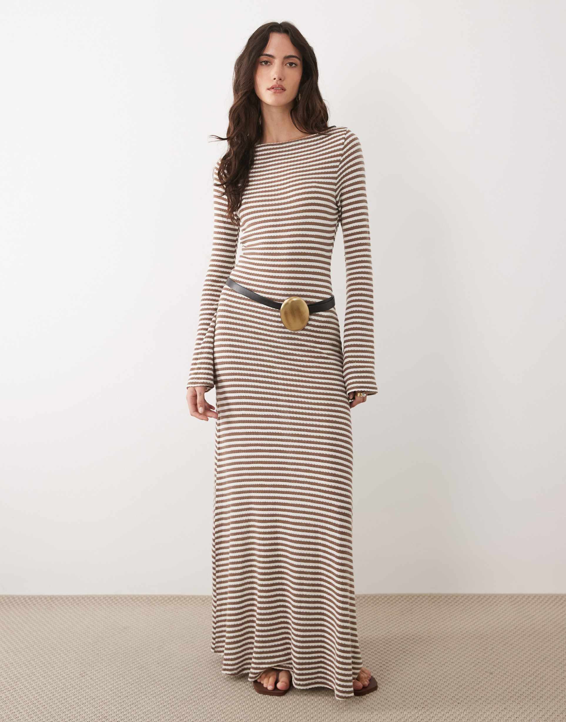 asos design crochet look fabric long angel sleeve maxi dress in in monochromatic stripes