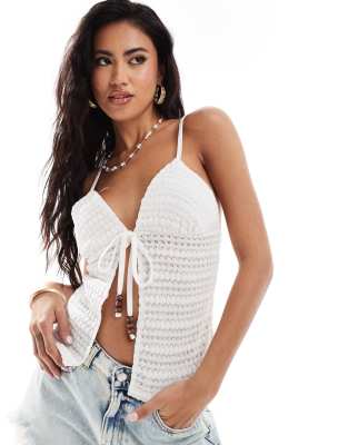 Asos Design Crochet Look Halter Top With Bead Detail In Cream-white