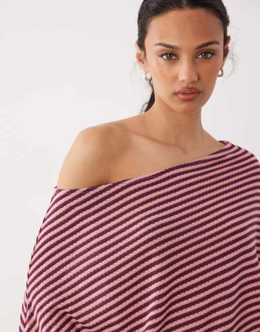 ASOS DESIGN crochet look off the shoulder cape top in brown and pink stripes, 4 of 4
