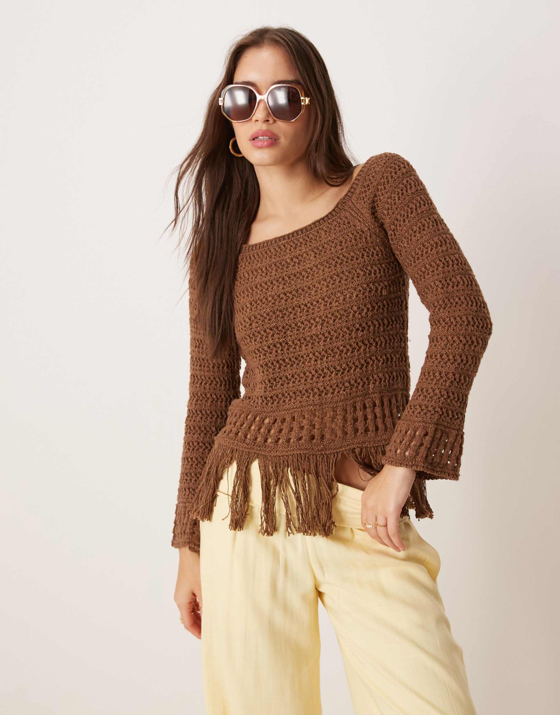 asos design crochet look off the shoulder sweater with fringe hem in chocolate