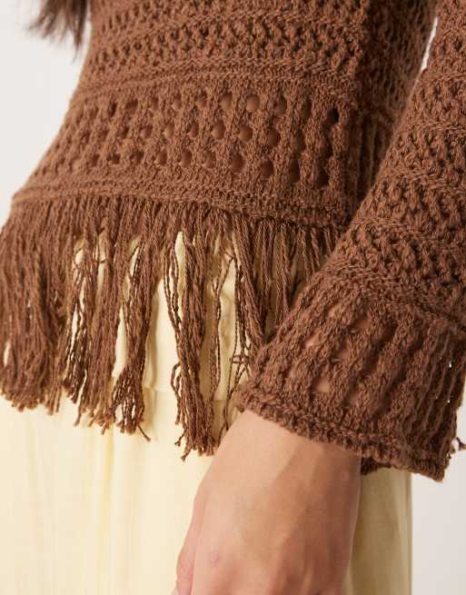 ASOS DESIGN crochet look off the shoulder sweater with fringe hem in chocolate, 2 of 4