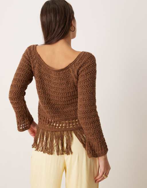 ASOS DESIGN crochet look off the shoulder sweater with fringe hem in chocolate, 3 of 4