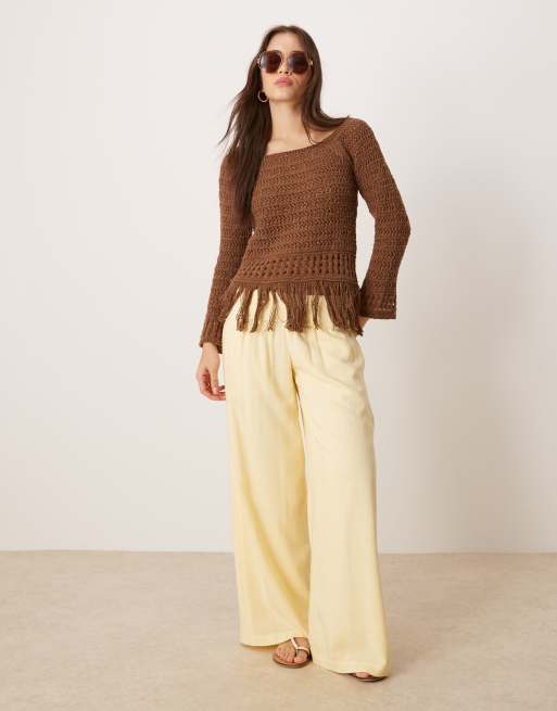 ASOS DESIGN crochet look off the shoulder sweater with fringe hem in chocolate, 4 of 4