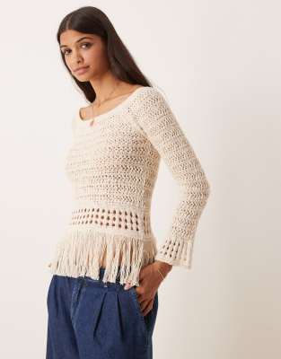 Asos Design Crochet Look Off The Shoulder Sweater With Fringe Hem In Neutral