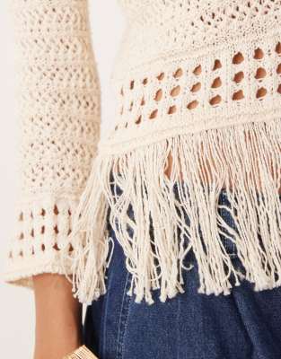 Asos Design Crochet Look Off The Shoulder Sweater With Fringe Hem In Neutral