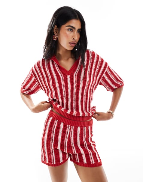 ASOS DESIGN crochet look polo top co-ord in pink stripe - view 1
