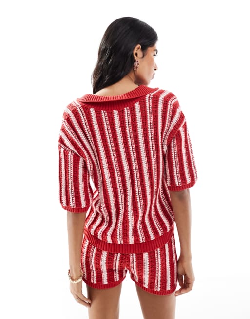 ASOS DESIGN crochet look polo top in pink stripe -set