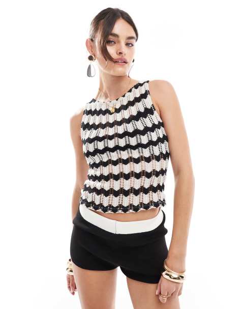 ASOS DESIGN crochet look slash neck top in black zigzag stripe - view 1