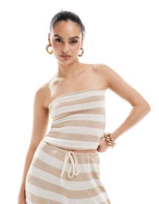 ASOS DESIGN crochet look stripe angel sleeve top co ord in stone-Multi