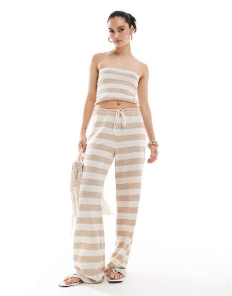ASOS DESIGN crochet look stripe wide leg pants in stone (part of a set) - view 1