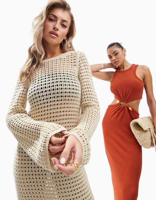 Plus Size Long Sleeve Open Back Crochet Maxi Dress