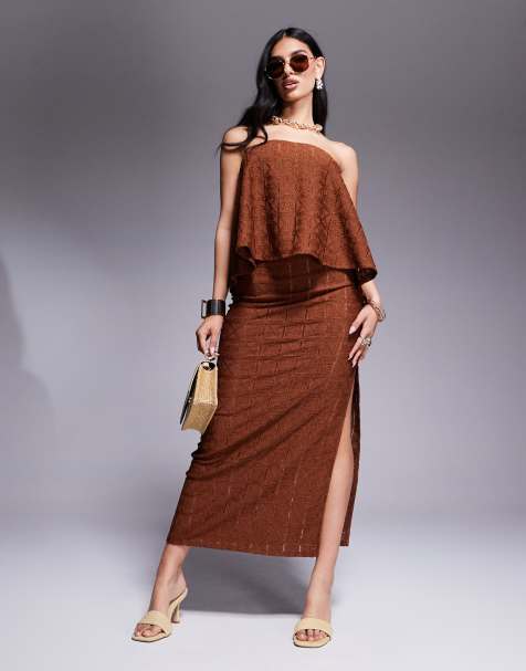 ASOS DESIGN co-ord crochet midaxi skirt with side split detail in chocolate