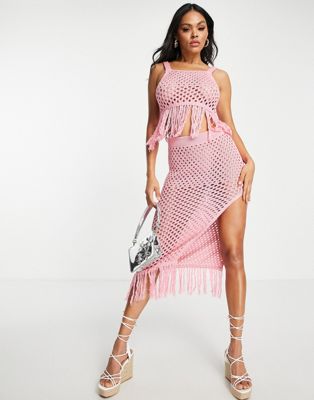 ASOS DESIGN crochet midi beach skirt with side slit and fringe hem in pink - part of a set | ASOS