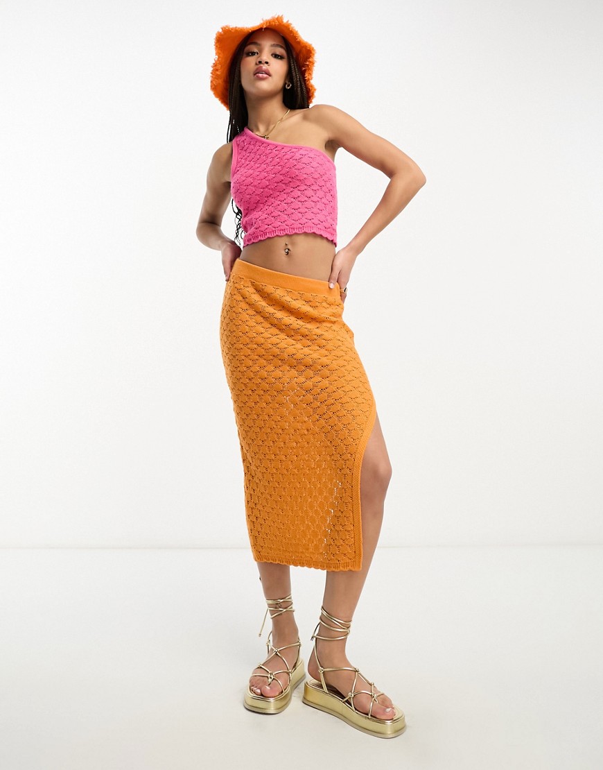 ASOS DESIGN crochet midi skirt in wave stitch in orange co-ord