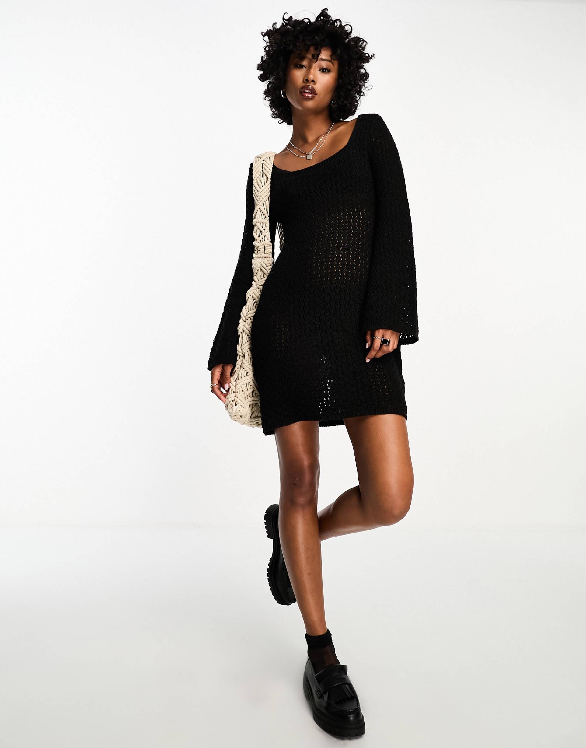 asos design crochet mini dress with flared long sleeves in black