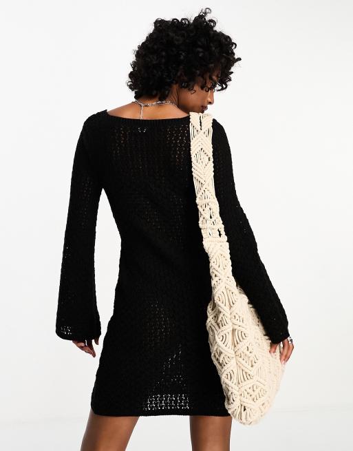 ASOS DESIGN crochet mini dress with flared long sleeves in black