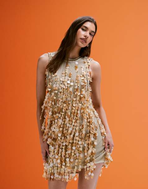 ASOS DESIGN crochet mini dress with shell effect fringe beading in natural - view 1