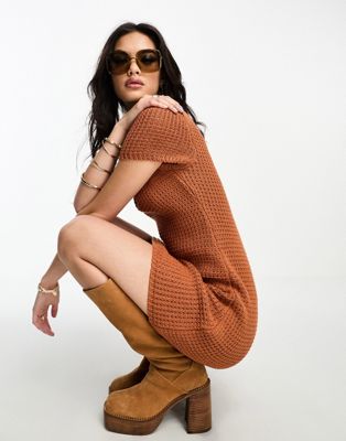 ASOS DESIGN crochet mini dress with square neck in brown