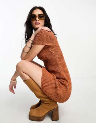 FhyzicsShops DESIGN crochet mini dress with square neck in brown