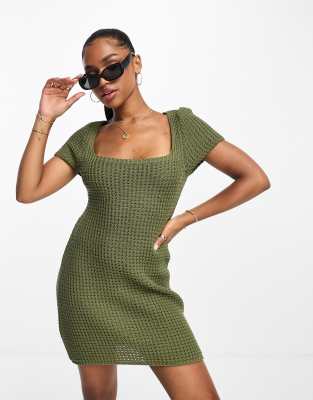 Asos Design Crochet Mini Dress With Square Neck In Khaki-green