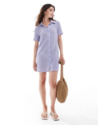 Asos Design Crochet Mini Shirt Dress In Lilac And White-blue