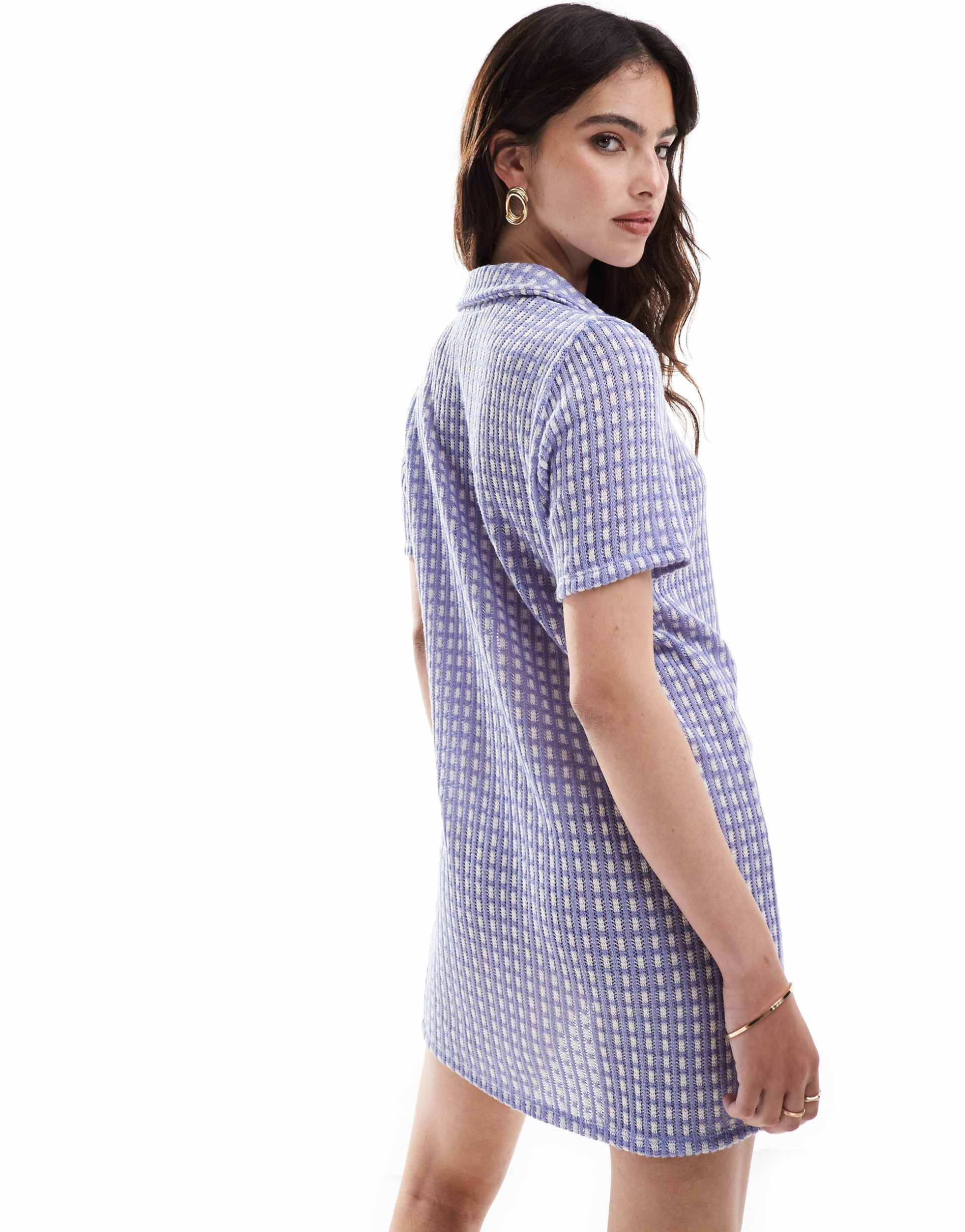 asos design crochet mini shirt dress in lilac and white