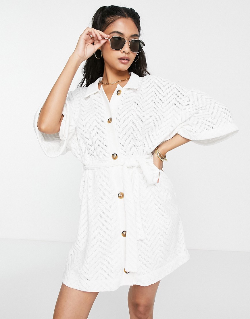 ASOS DESIGN crochet mini shirt dress with belt in ivory-White