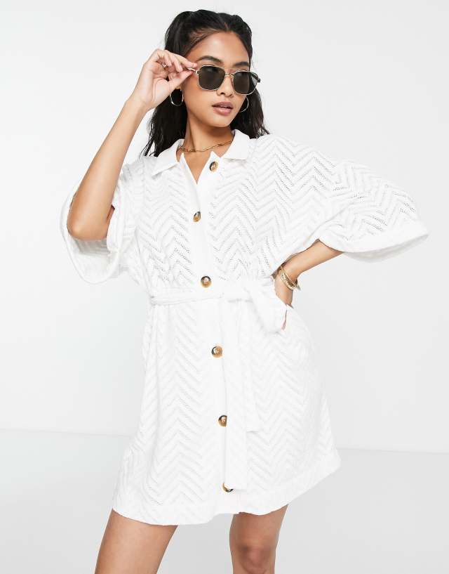 ASOS DESIGN crochet mini shirt dress with belt in ivory