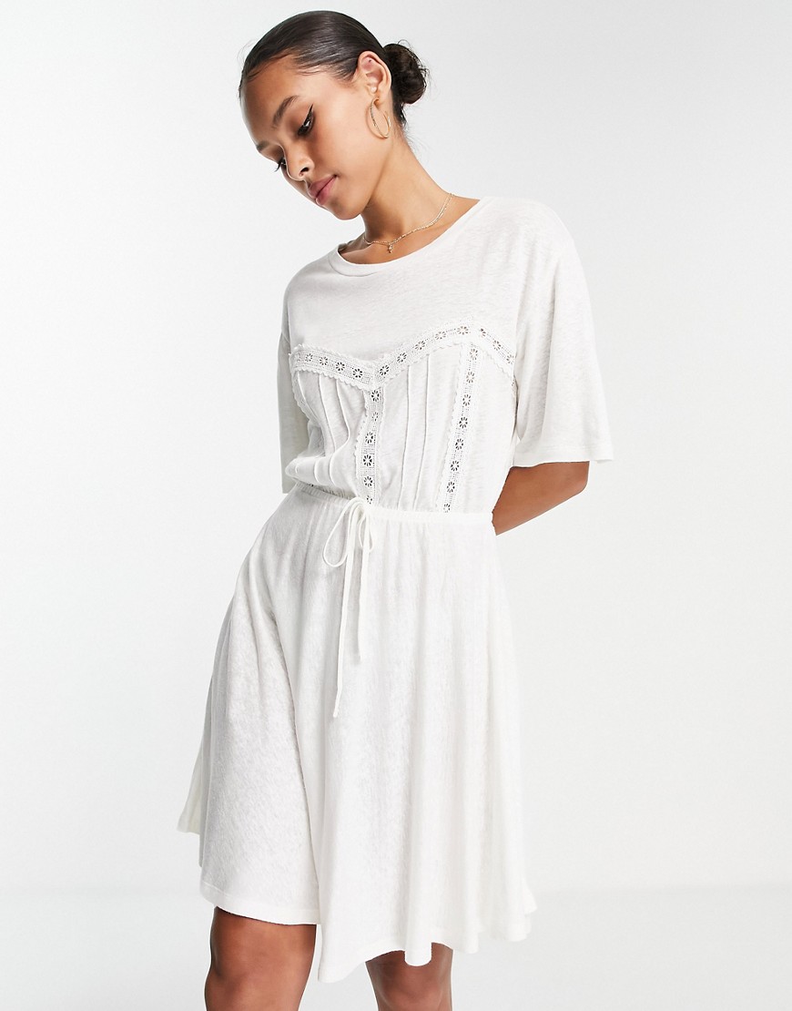 ASOS DESIGN crochet mini t-shirt dress with drawstring waist in ivory-White