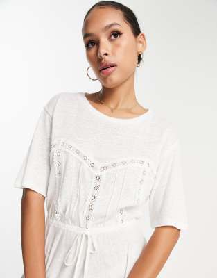 ASOS DESIGN crochet mini t-shirt dress with drawstring waist in ivory