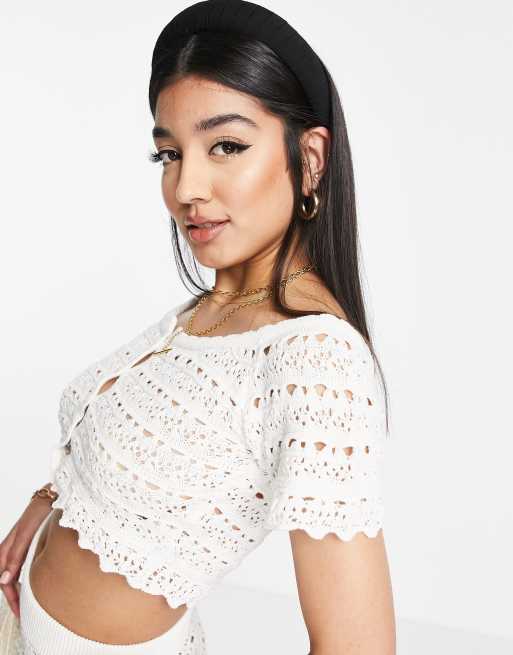 ASOS DESIGN crochet off shoulder beach top in cream - part of a set