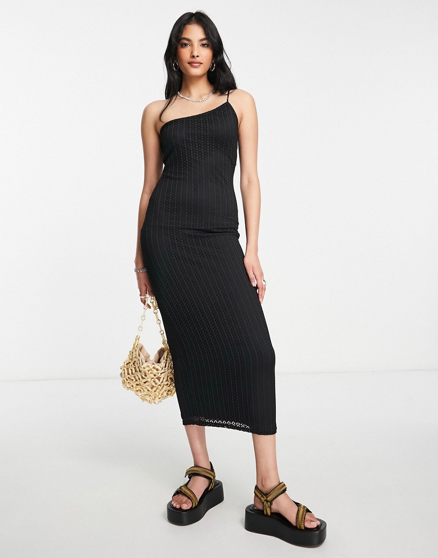 Shop Asos Design Crochet One Shoulder Strappy Midi Dress In Black
