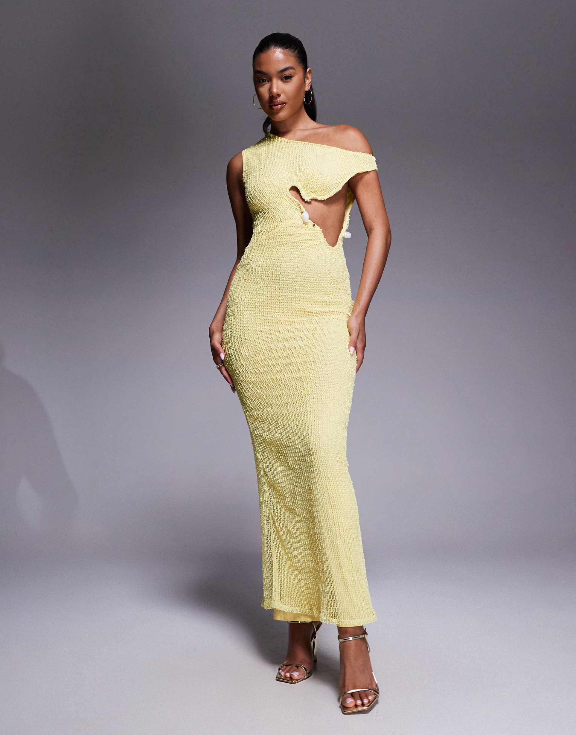 asos design crochet one shoulder trim detail maxi dress in yellow