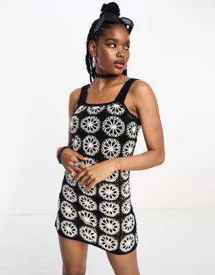 Asos Design Crochet Patch Mini Dress In Mono-black