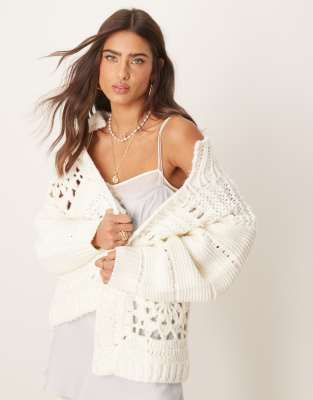 Asos Design Crochet Patchwork Cardigan With Collar Detail In White