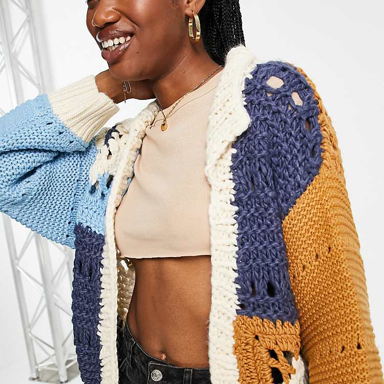 ASOS DESIGN crochet patchwork cardigan with collar in multi ASOS DESIGN crochet patchwork cardigan with collar in multi