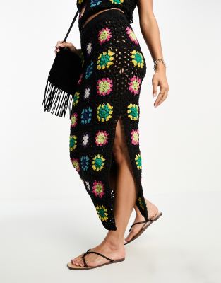 Asos Design Crochet Patchwork Maxi Skirt In Multi - Part Of A Set-black