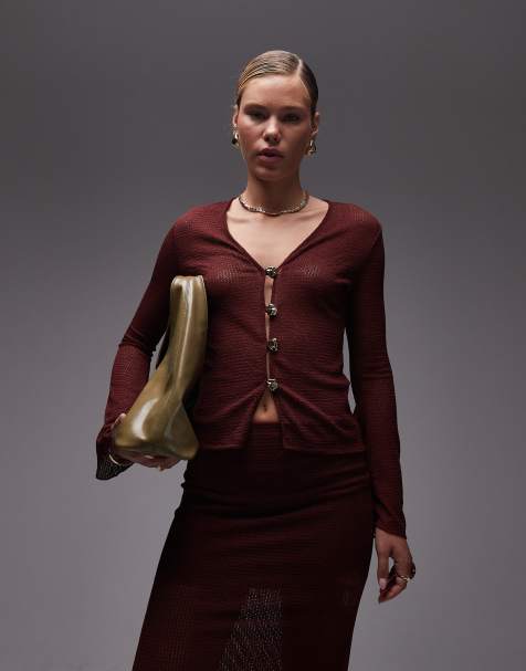 ASOS DESIGN crochet plunge flared sleeve gold button cardigan in burgundy - part of a set - view 1