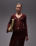 [ASOS DESIGN] ASOS DESIGN crochet plunge flared sleeve gold button cardigan in burgundy (Part of a set) M Burgundy
