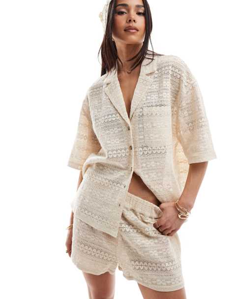 ASOS DESIGN crochet revere shirt in cream (part of a set) - view 1