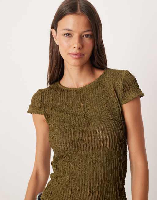ASOS DESIGN crochet ruffle baby tee in khaki