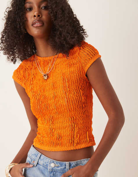 ASOS DESIGN crochet ruffle baby tee in orange - view 1