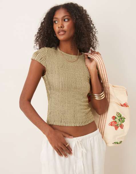 ASOS DESIGN crochet ruffle baby tee in sage green - view 1