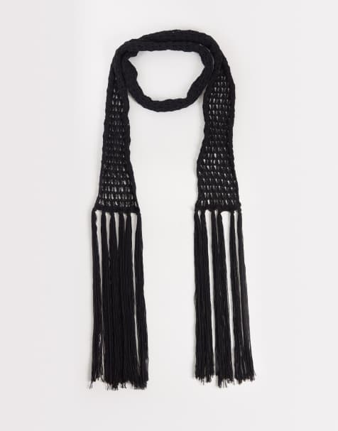 ASOS DESIGN crochet scarf with fine fringe in black - view 1