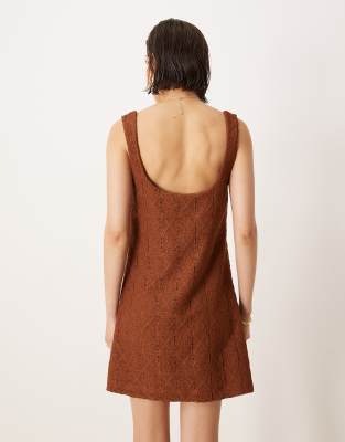 Asos Design Crochet Scoop Trapeze Swing Mini Dress In Brown
