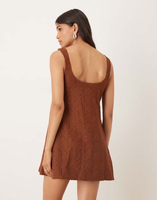 ASOS DESIGN crochet scoop trapeze swing mini dress in chocolate