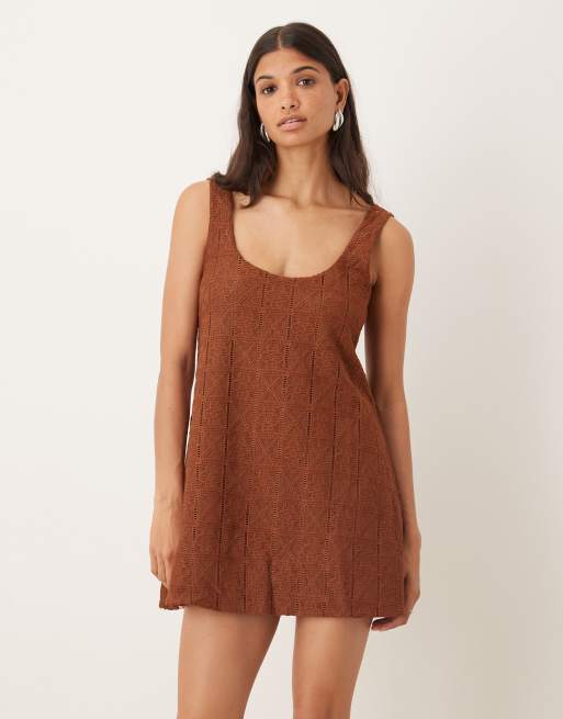 ASOS DESIGN crochet scoop trapeze swing mini dress in chocolate