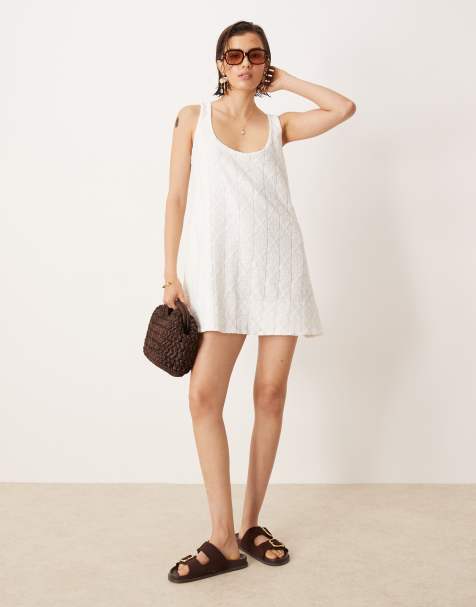 ASOS DESIGN crochet scoop trapeze swing mini dress in white - view 1