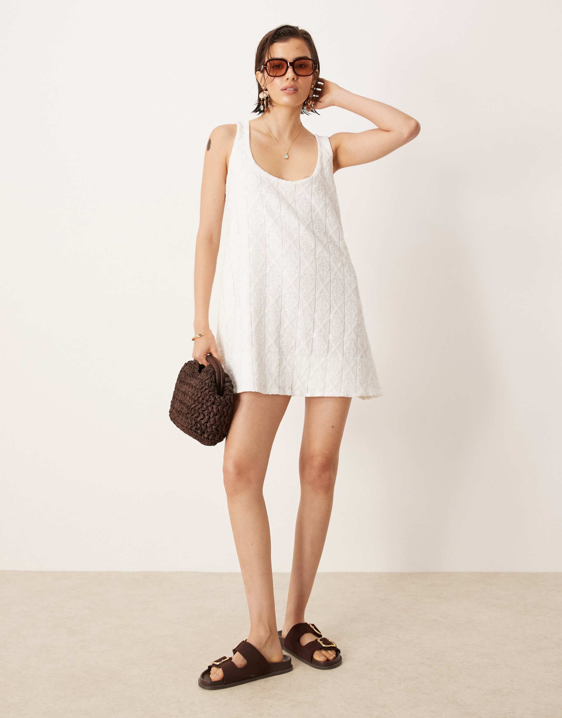 asos design crochet scoop trapeze swing mini dress in white
